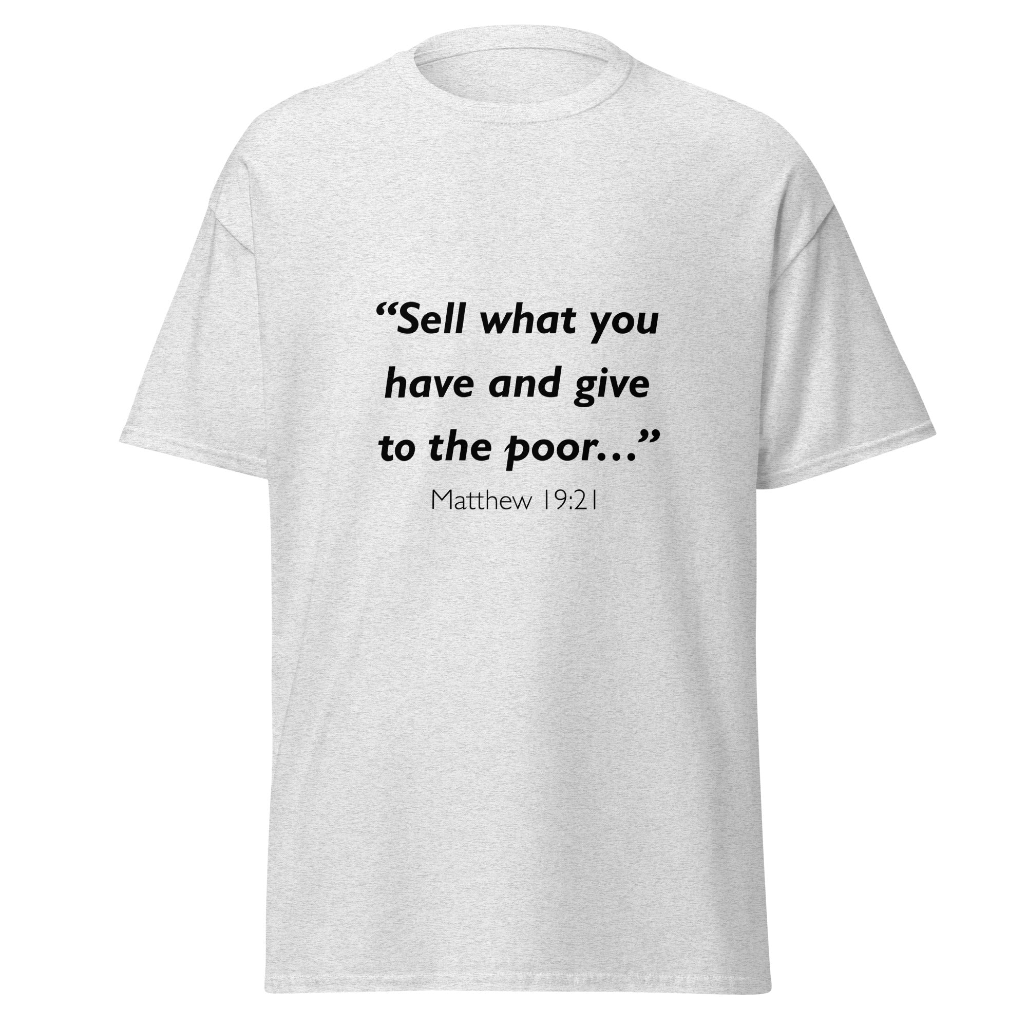 Unisex black t-shirt with Matthew 19:21 Bible verse printed across the chest