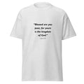 Unisex heather gray t-shirt with Luke 6:20 Bible verse printed across the chest