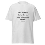 Unisex heather gray t-shirt with Luke 10:27 Bible verse printed across the chest