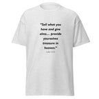Unisex black t-shirt with Luke 12:33 Bible verse printed across the chest