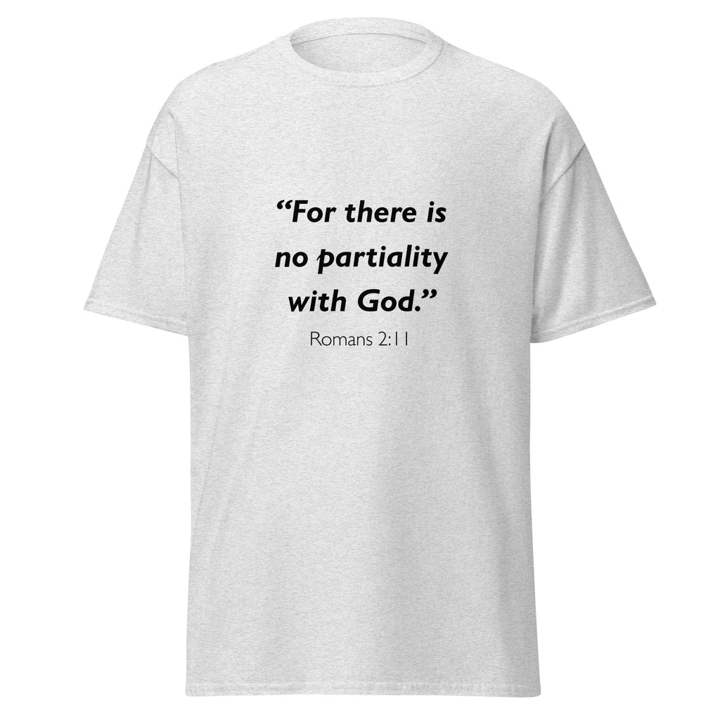 Unisex black t-shirt with Romans 2:11 Bible verse printed across the chest