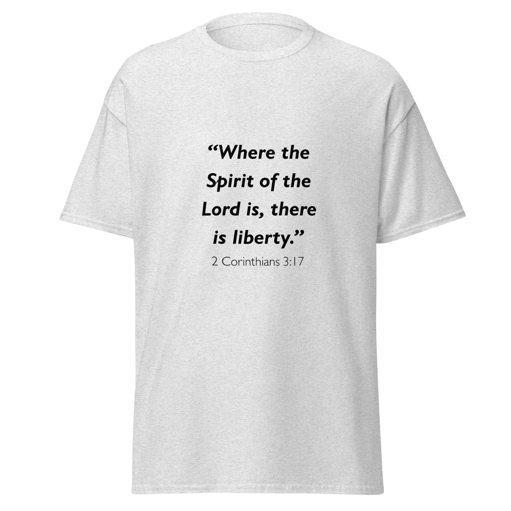 Unisex heather gray t-shirt with 2 Corinthians 3:17 Bible verse printed across the chest