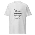 Unisex heather gray t-shirt with Ephesians 2:8-9 Bible verse printed across the chest