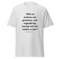 Unisex heather gray t-shirt with Ephesians 4:2 Bible verse printed across the chest