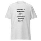 Unisex black t-shirt with Philippians 2:3-4 Bible verse printed across the chest