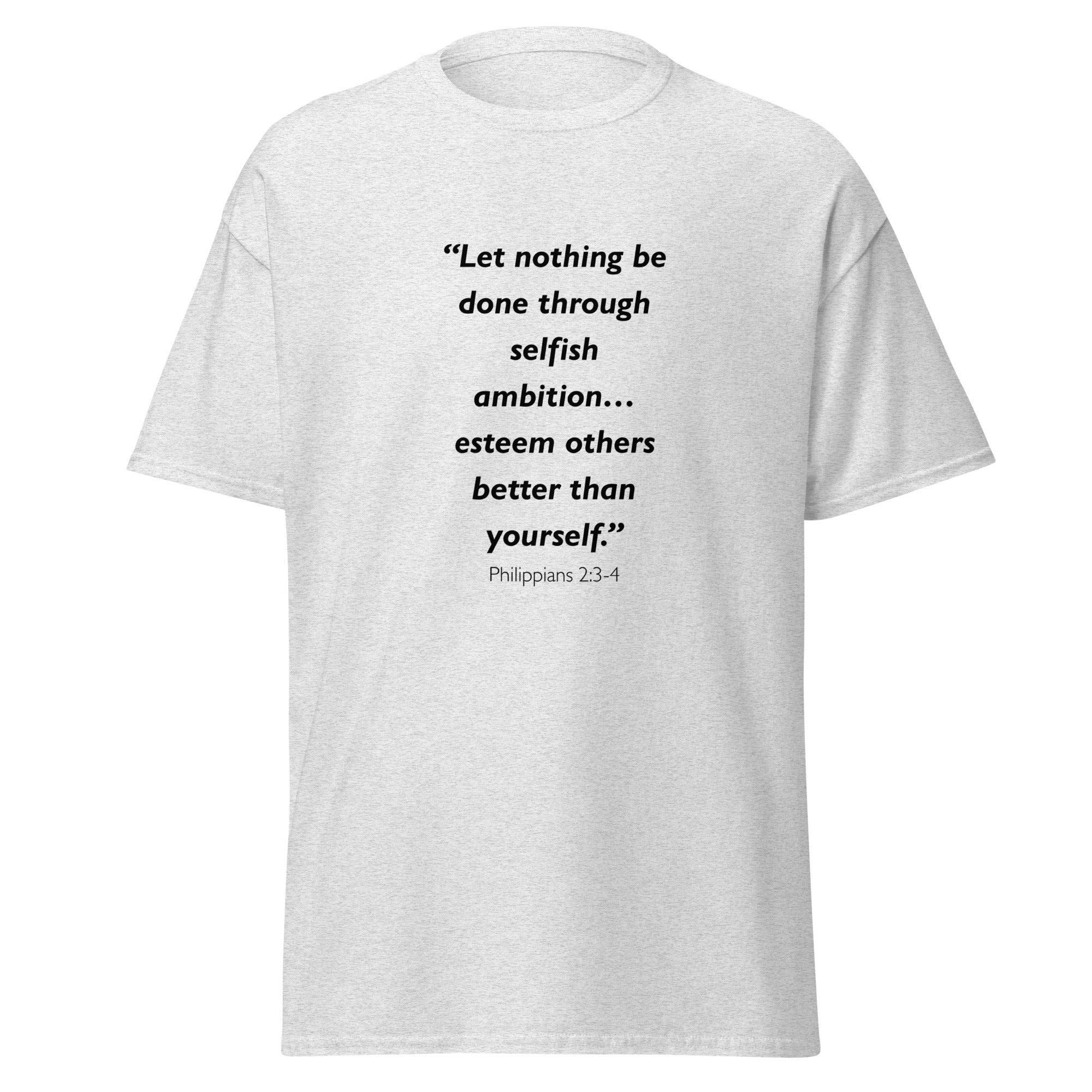 Unisex black t-shirt with Philippians 2:3-4 Bible verse printed across the chest