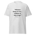 Unisex heather gray t-shirt with Philippians 4:8 Bible verse printed across the chest