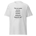 Unisex heather gray t-shirt with Colossians 3:12 Bible verse printed across the chest