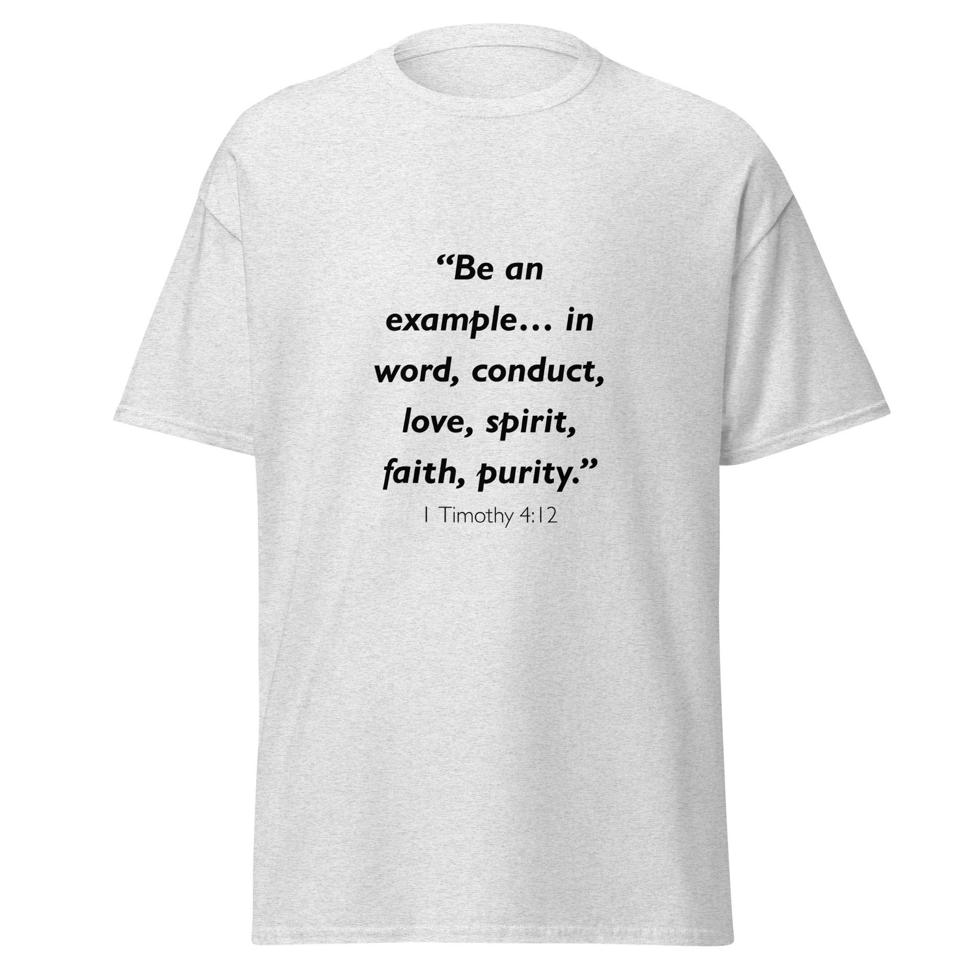 Unisex black t-shirt with 1 Timothy 4:12 Bible verse printed across the chest