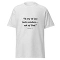 Unisex black t-shirt with James 1:5 Bible verse printed across the chest