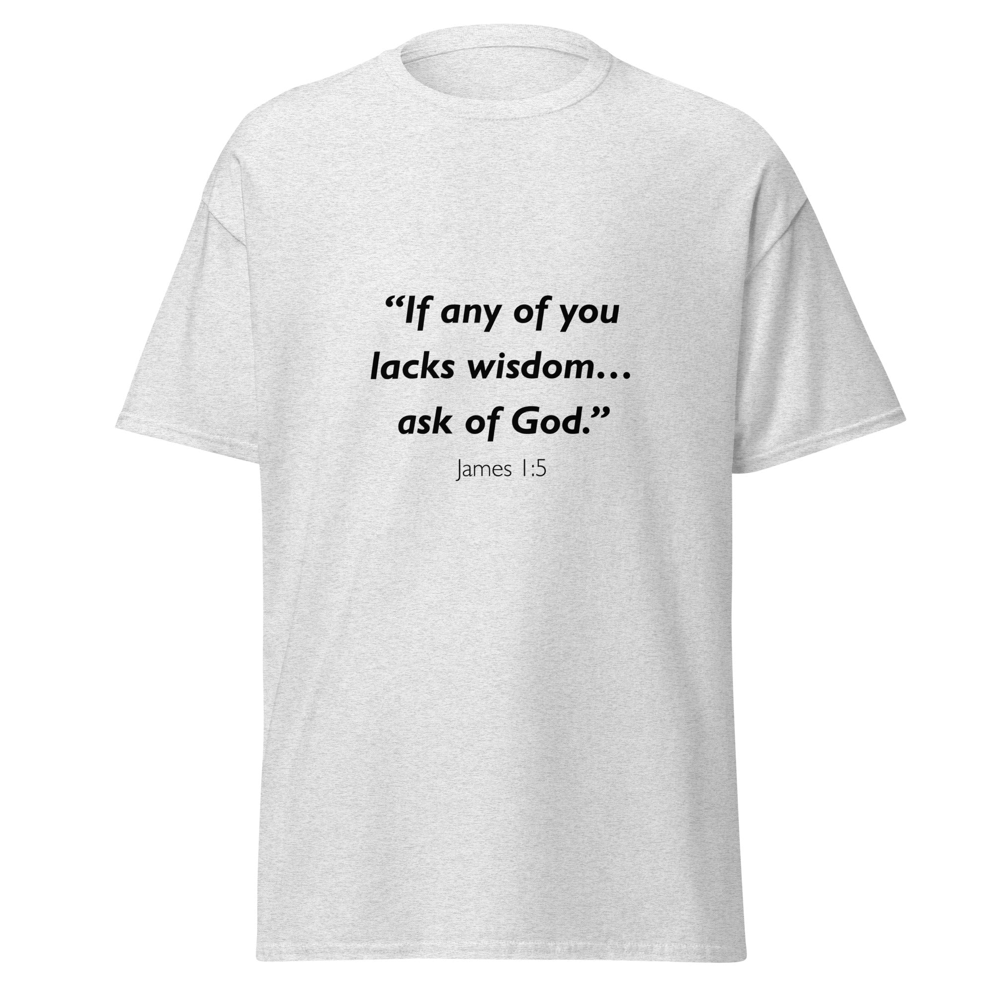Unisex black t-shirt with James 1:5 Bible verse printed across the chest