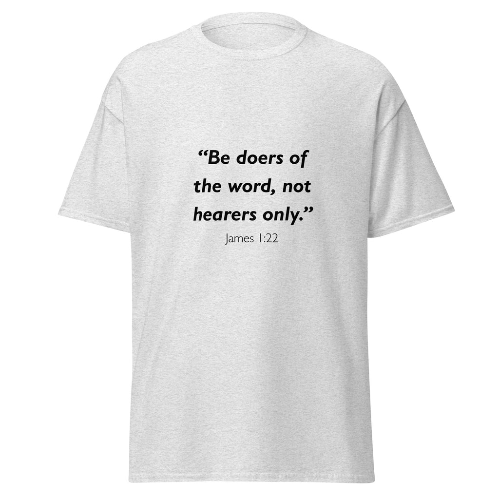 Unisex burgundy t-shirt with James 1:22 Bible verse printed across the chest
