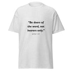 Unisex burgundy t-shirt with James 1:22 Bible verse printed across the chest