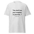 Unisex black t-shirt with James 2:8 Bible verse printed across the chest