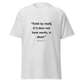 Unisex black t-shirt with James 2:17 Bible verse printed across the chest