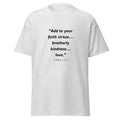 Unisex heather gray t-shirt with 2 Peter 1:5-7 Bible verse printed across the chest
