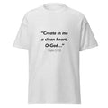 Unisex heather gray t-shirt with Psalm 51:10 Bible verse printed across the chest