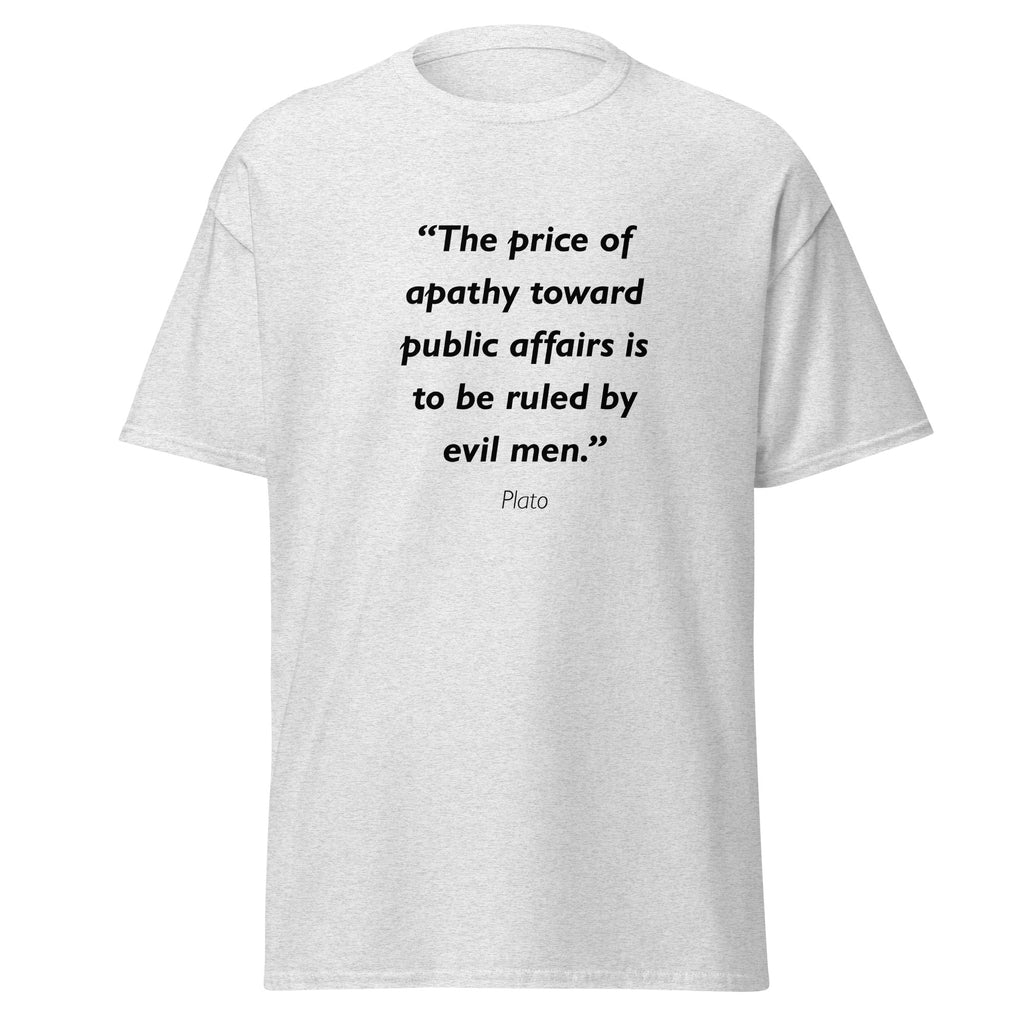 Unisex black t-shirt featuring Plato Apathy quote typography printed across the front chest