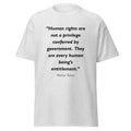 Unisex heather gray t-shirt featuring Mother Teresa Human Rights quote typography printed across the front chest
