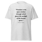Unisex heather gray t-shirt featuring Herbert Hoover Freedom quote typography printed across the front chest