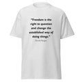Unisex heather gray t-shirt featuring Ronald Reagan Freedom quote typography printed across the front chest