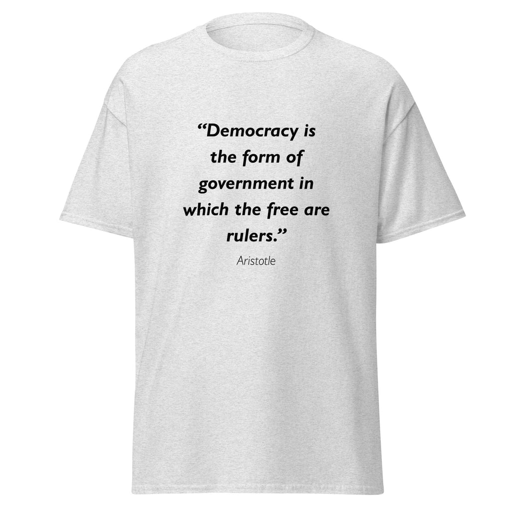 Unisex black t-shirt featuring Aristotle Democracy quote typography printed across the front chest
