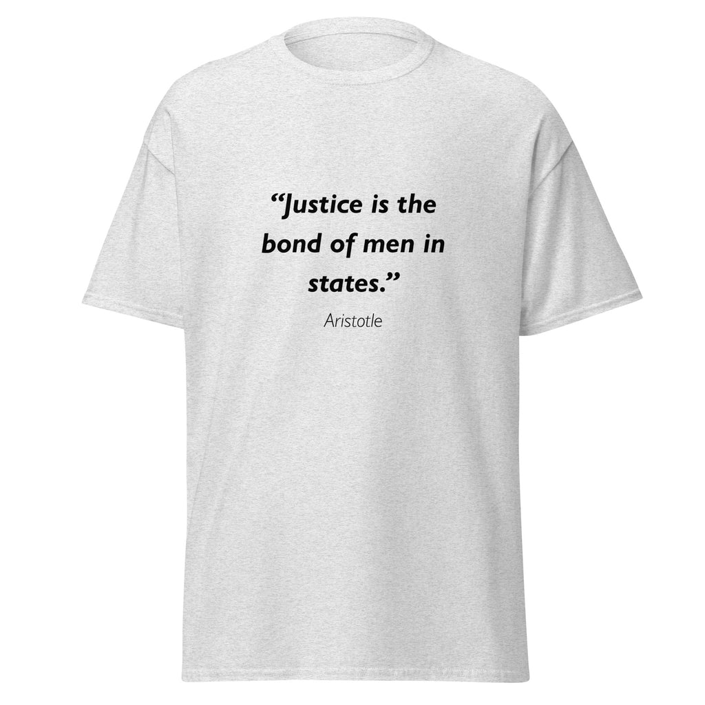 Unisex heather gray t-shirt featuring Aristotle Justice quote typography printed across the front chest