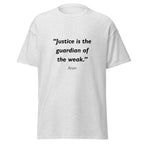 Unisex black t-shirt featuring Justice Guardian Weak quote typography printed across the front chest