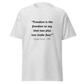 Unisex heather gray t-shirt featuring George Orwell 1984 Two Plus Two quote typography printed across the front chest