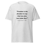 Unisex heather gray t-shirt featuring George Orwell 1984 Two Plus Two quote typography printed across the front chest