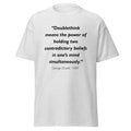 Unisex heather gray t-shirt featuring George Orwell 1984 Doublethink quote typography printed across the front chest