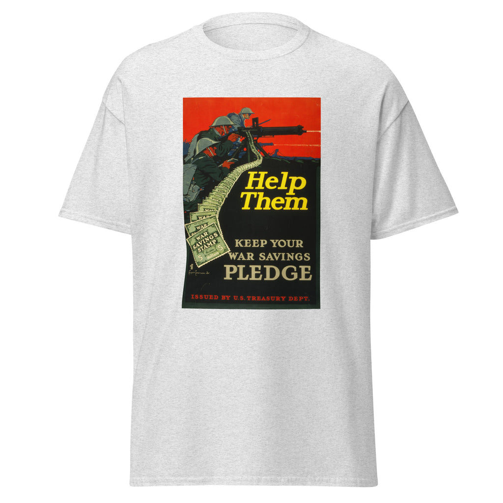 Unisex black t-shirt featuring vintage War Savings poster artwork printed across the front
