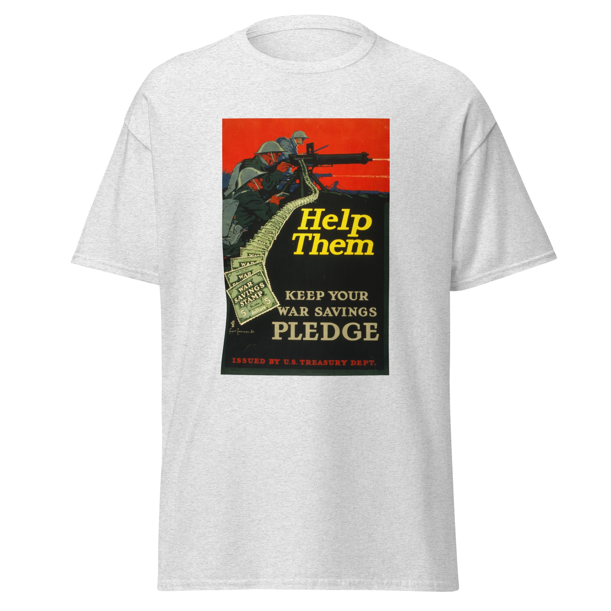 Unisex black t-shirt featuring vintage War Savings poster artwork printed across the front