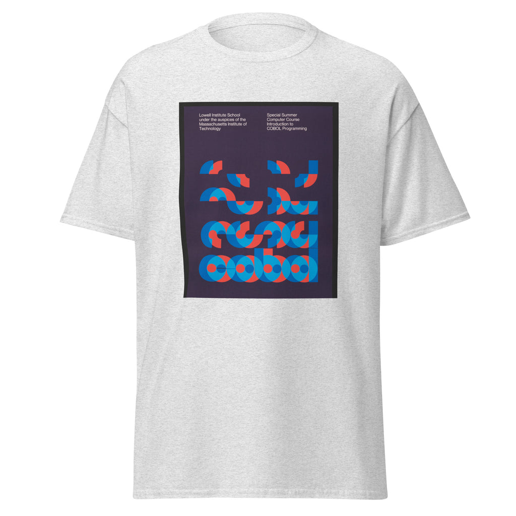Unisex heather gray t-shirt featuring vintage Cobol poster artwork printed across the front