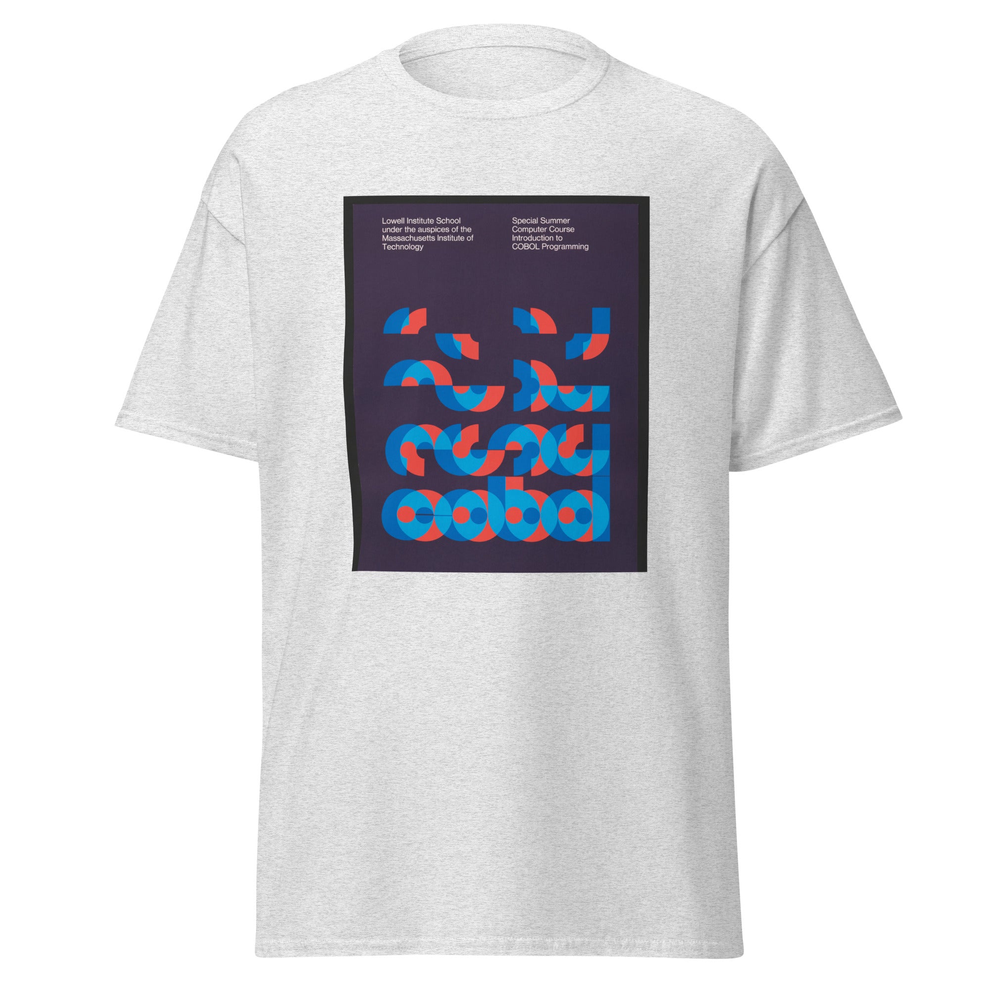 Unisex heather gray t-shirt featuring vintage Cobol poster artwork printed across the front