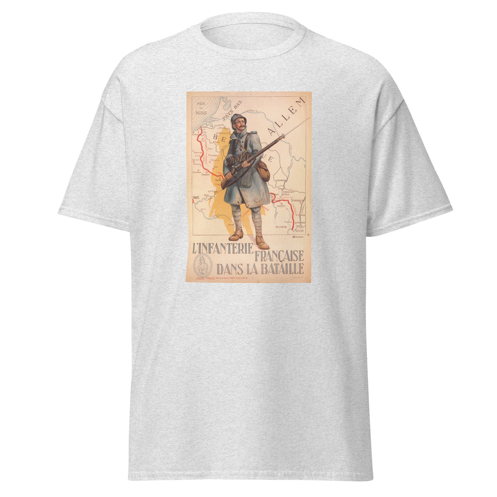 Unisex heather gray t-shirt featuring vintage France Infantry WWI poster artwork printed across the front