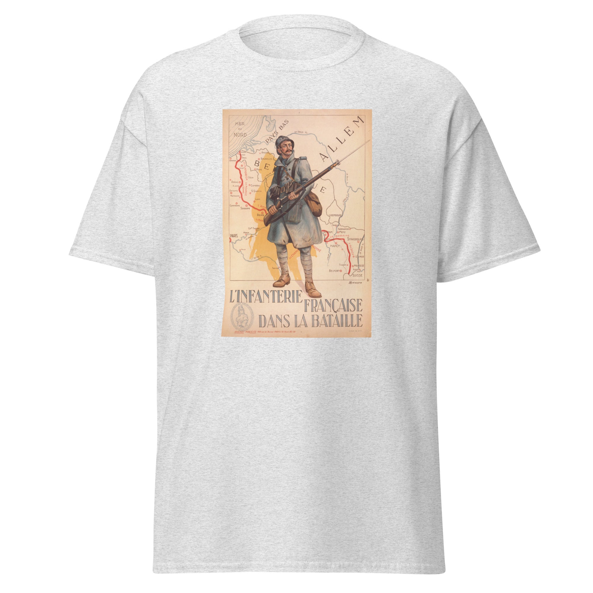 Unisex heather gray t-shirt featuring vintage France Infantry WWI poster artwork printed across the front