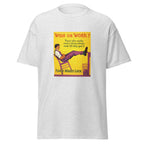 Unisex black t-shirt featuring vintage Wish or Work poster artwork printed across the front