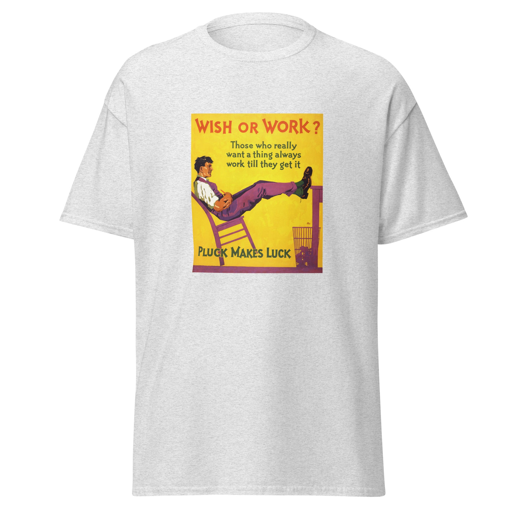 Unisex black t-shirt featuring vintage Wish or Work poster artwork printed across the front