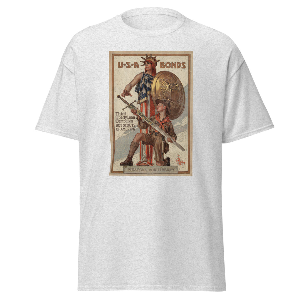 Unisex heather gray t-shirt featuring vintage USA War Bonds poster artwork printed across the front