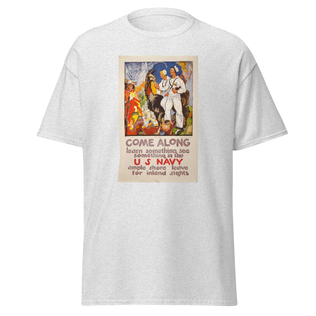Unisex black t-shirt featuring vintage US Navy Recruiting poster artwork printed across the front