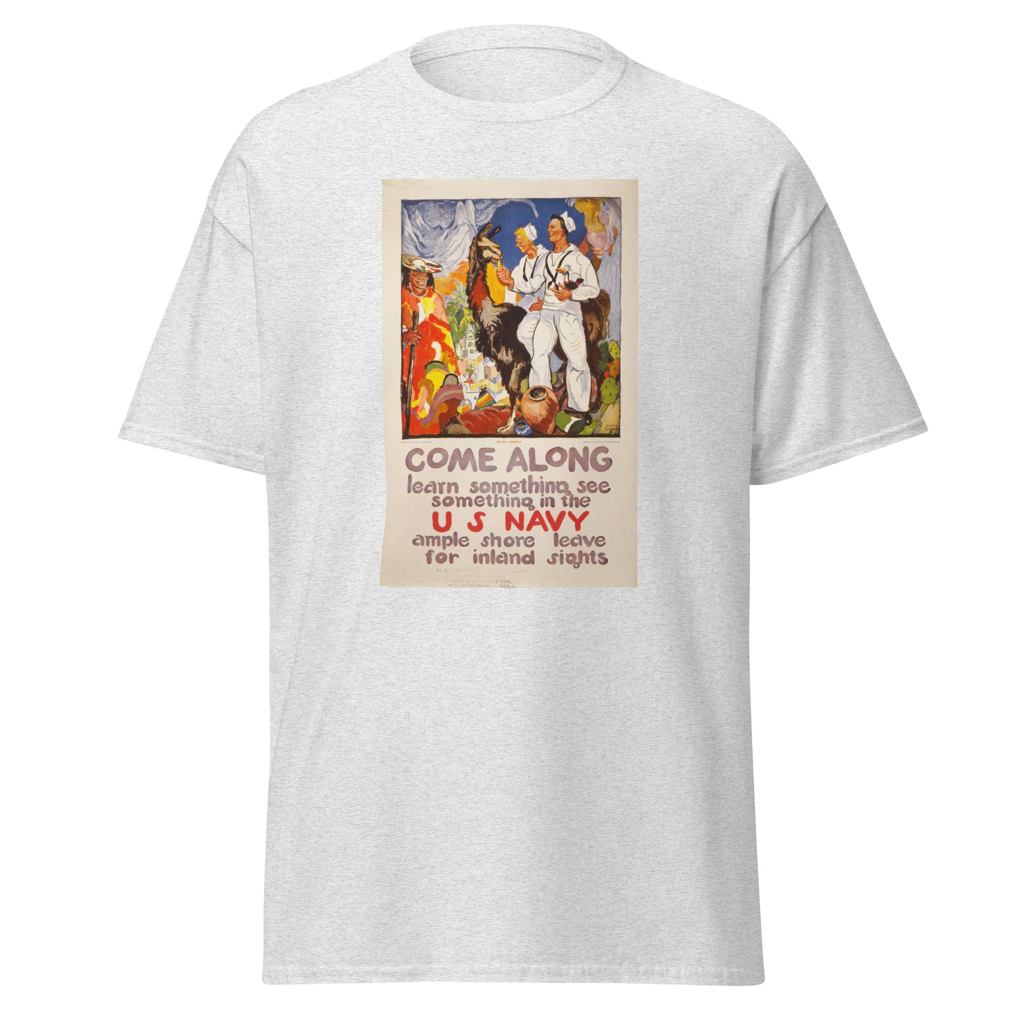 Unisex black t-shirt featuring vintage US Navy Recruiting poster artwork printed across the front