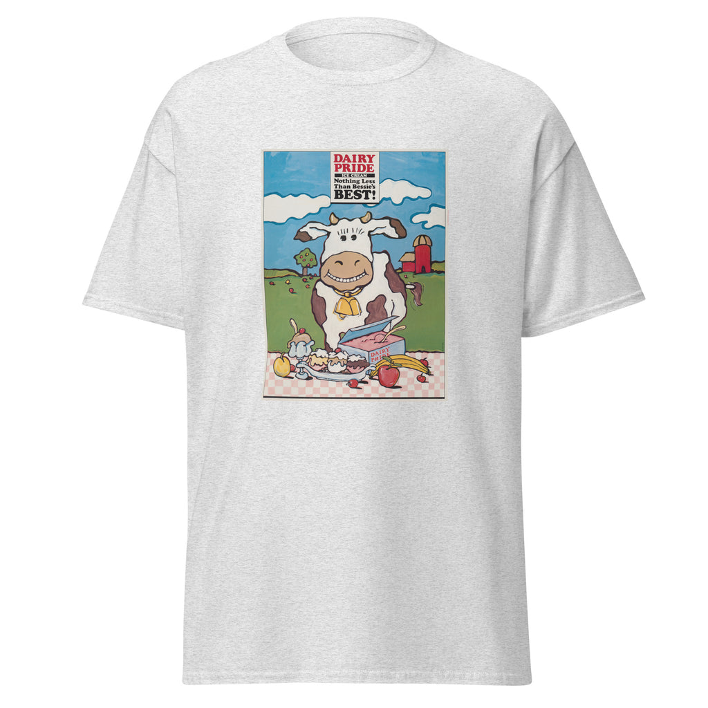 Unisex heather gray t-shirt featuring vintage Dairy Pride poster artwork printed across the front