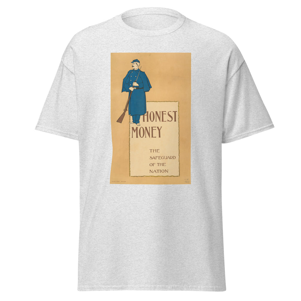 Unisex black t-shirt featuring vintage Honest Money poster artwork printed across the front