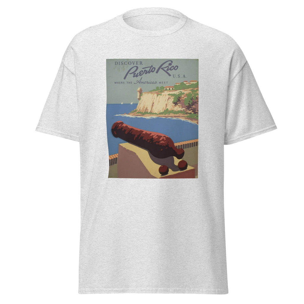Unisex black t-shirt featuring vintage Puerto Rico Vintage poster artwork printed across the front