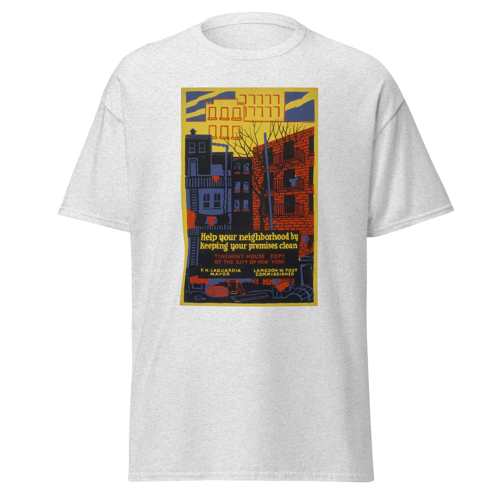 Unisex black t-shirt featuring vintage New York Cleanliness poster artwork printed across the front