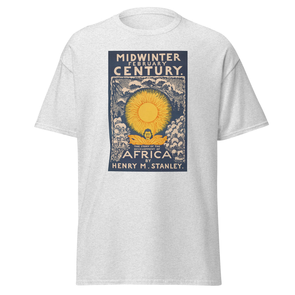 Unisex heather gray t-shirt featuring vintage Development of Africa poster artwork printed across the front