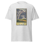 Unisex heather gray t-shirt featuring vintage South Manchuria Railway poster artwork printed across the front