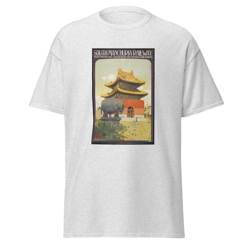 Unisex heather gray t-shirt featuring vintage South Manchuria Railway poster artwork printed across the front