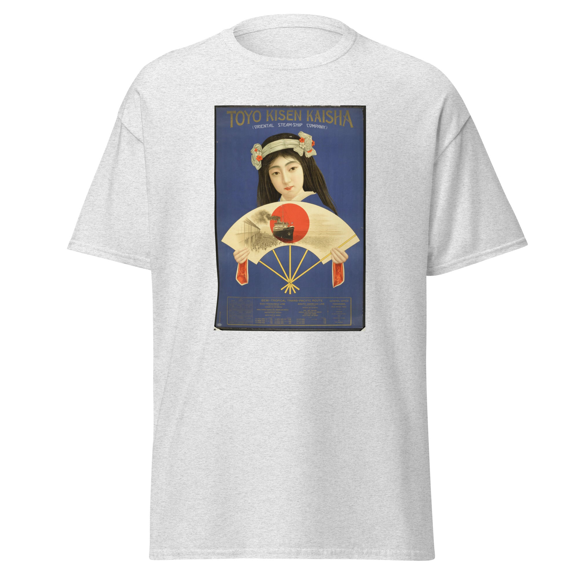 Unisex heather gray t-shirt featuring vintage Oriental Steamship poster artwork printed across the front